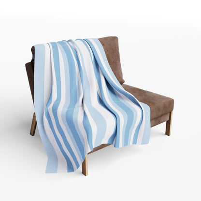 Blue and white striped outdoor fleece blanket — 315 gsm polyester fleece, soft on both sides