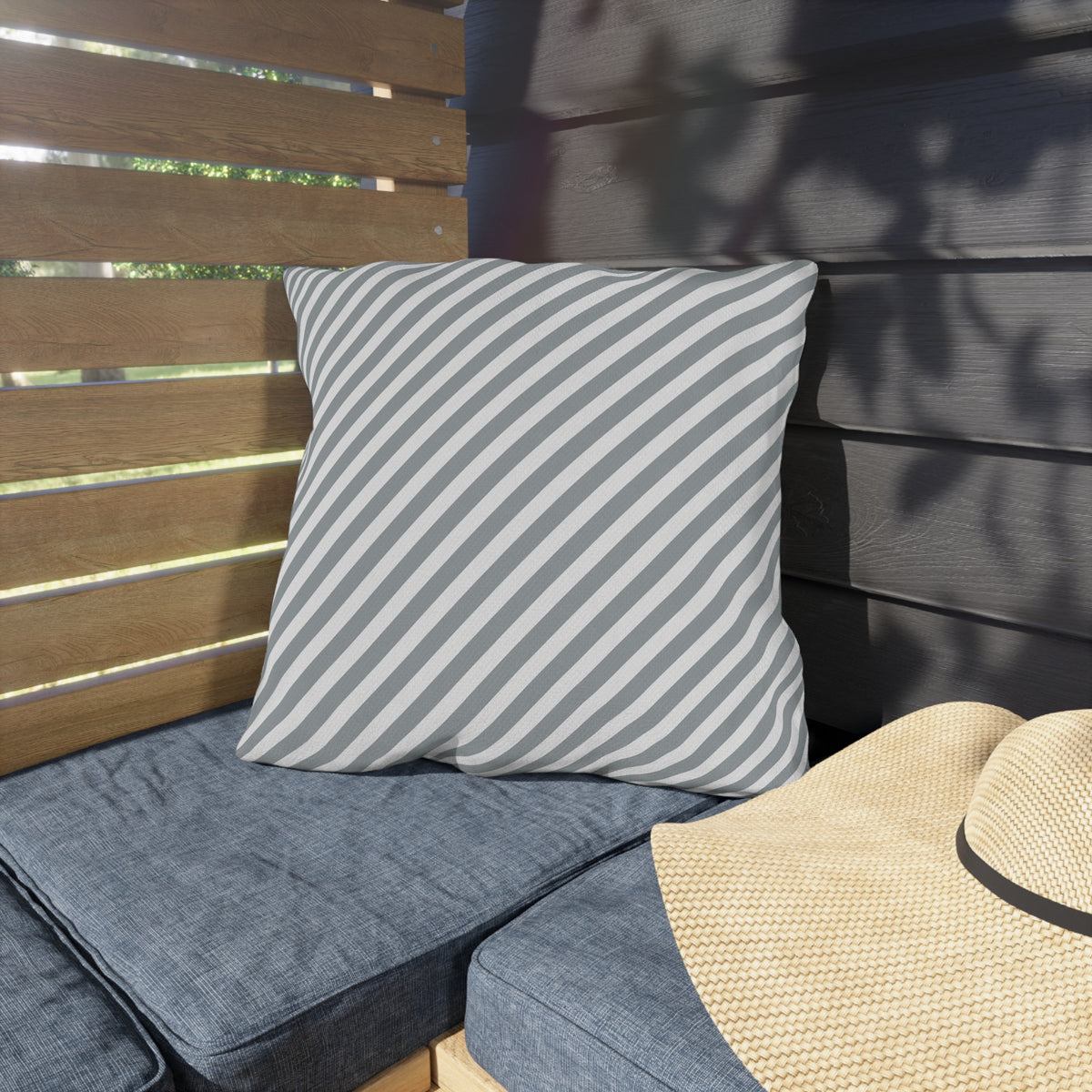 Grey diagonal stripe outdoor pillow — spun polyester, UV and water resistant