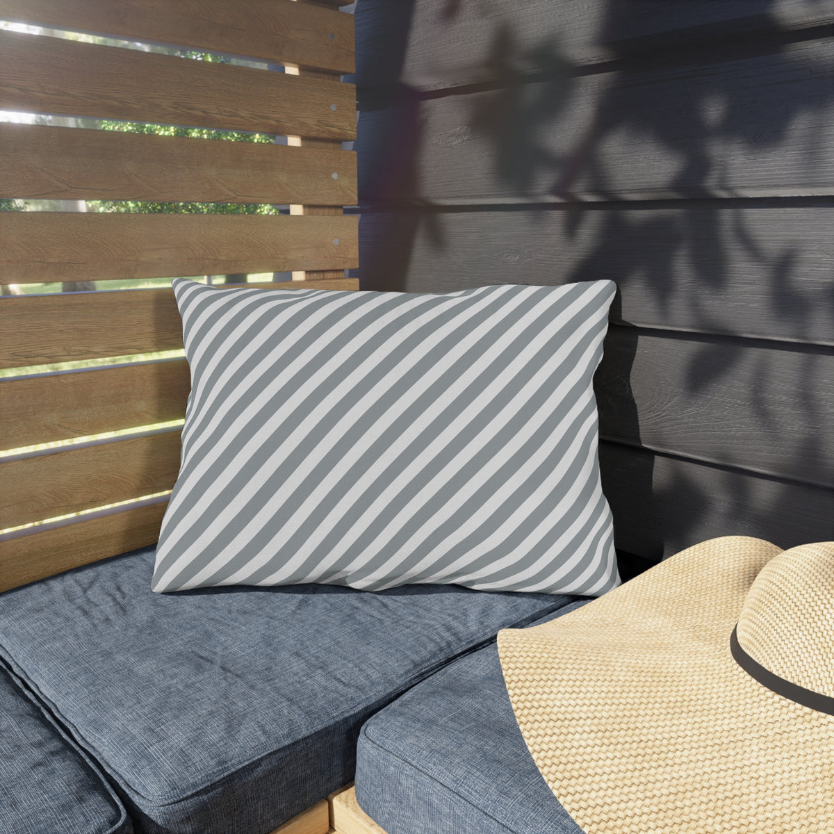 Grey diagonal stripe lumbar outdoor pillow — spun polyester, UV and water resistant