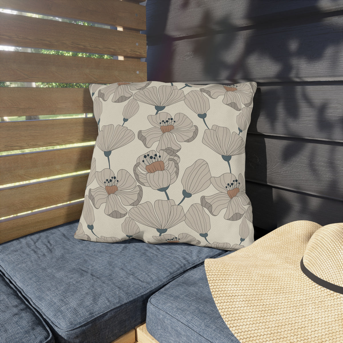 Taupe poppy outdoor pillow — spun polyester, UV and water resistant