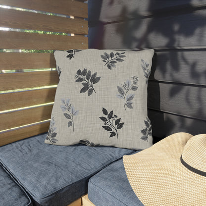 Charcoal leaf sprig outdoor pillow — spun polyester, UV and water resistant