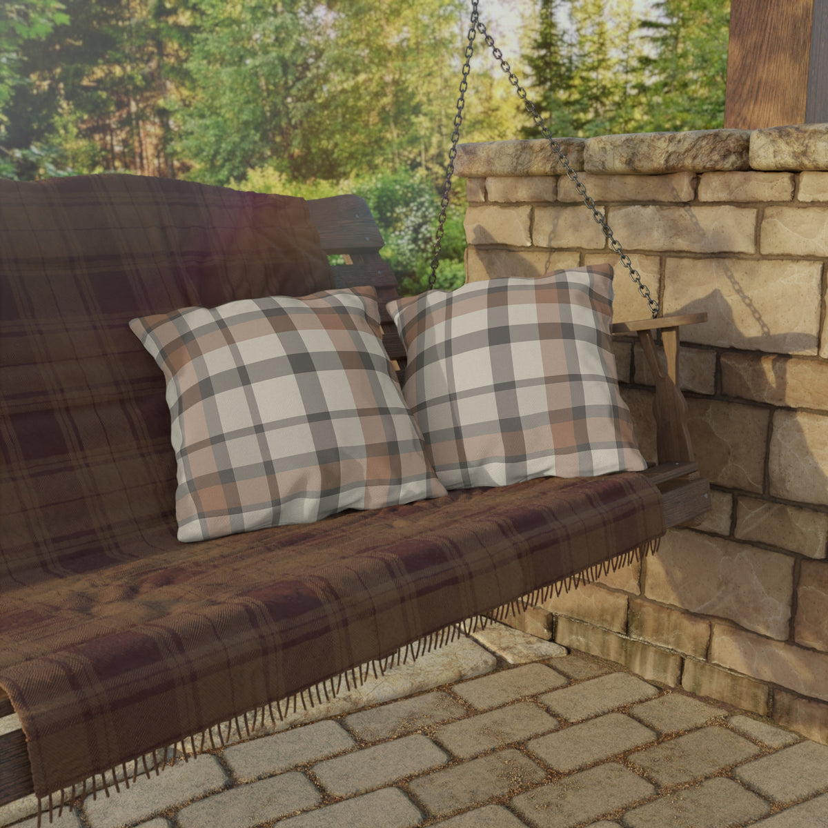 Taupe plaid outdoor pillow — spun polyester, UV and water resistant