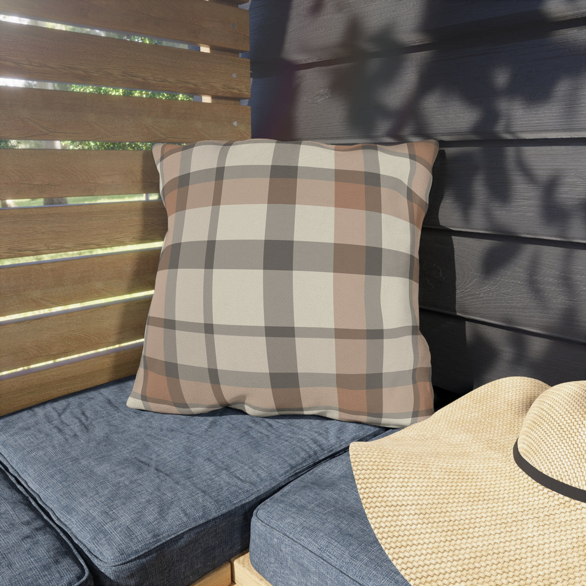 Taupe plaid outdoor pillow — spun polyester, UV and water resistant