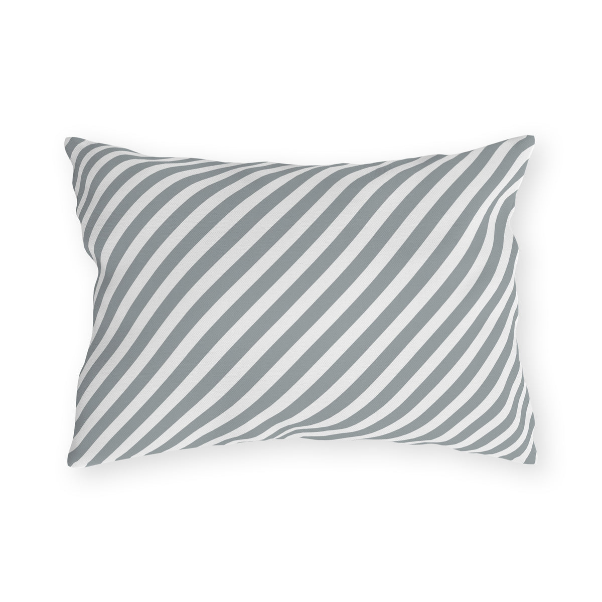 Grey diagonal stripe lumbar outdoor pillow — spun polyester, UV and water resistant