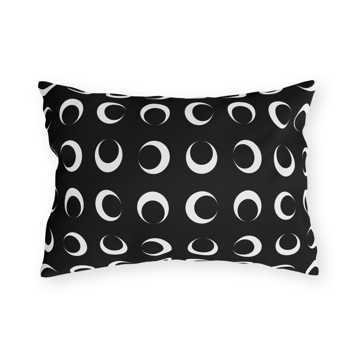 Black crescent moon lumbar outdoor pillow — spun polyester, UV and water resistant