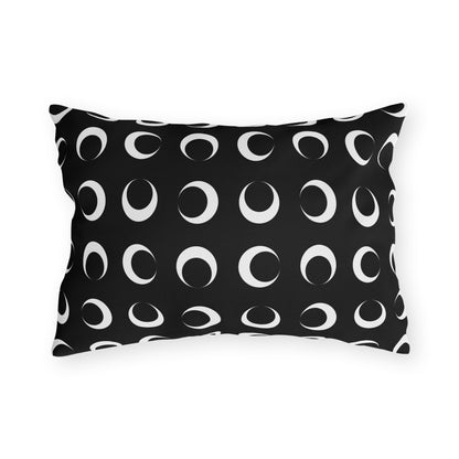 Black crescent moon lumbar outdoor pillow — spun polyester, UV and water resistant