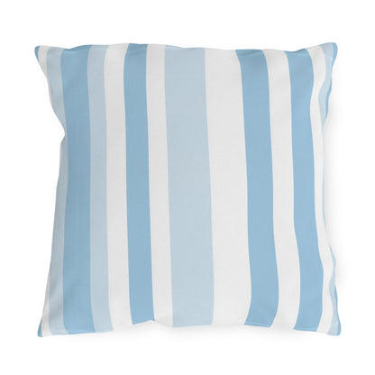 Blue and white striped outdoor pillow — spun polyester, UV and water resistant