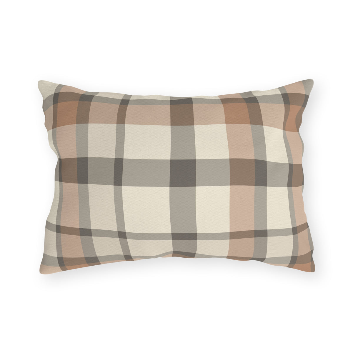 Taupe plaid lumbar outdoor pillow — spun polyester, UV and water resistant