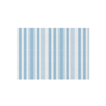 Blue and white striped outdoor rug — soft polyester chenille with a non-slip backing