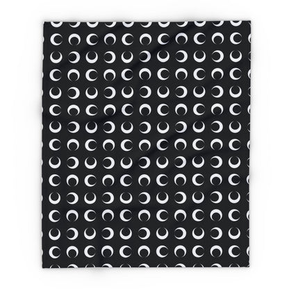 Black crescent moon outdoor fleece blanket — 315 gsm polyester fleece, soft on both sides