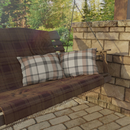 Taupe plaid lumbar outdoor pillow — spun polyester, UV and water resistant