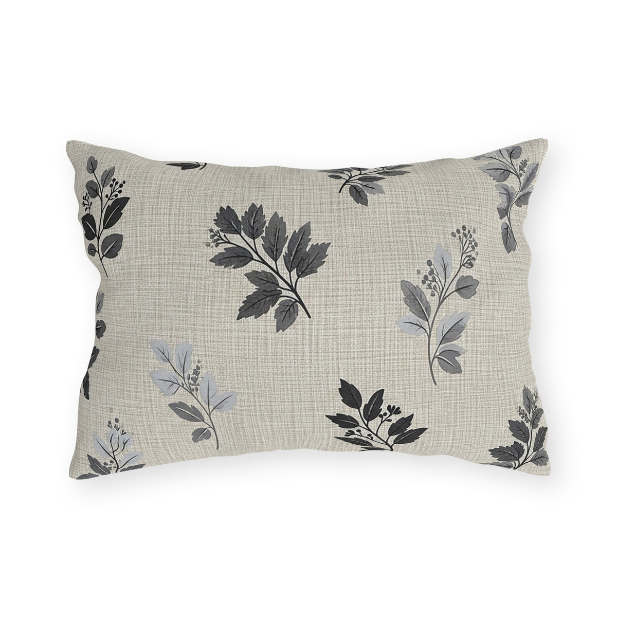 Charcoal leaf sprig lumbar outdoor pillow — spun polyester, UV and water resistant