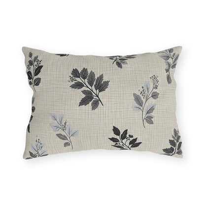 Charcoal leaf sprig lumbar outdoor pillow — spun polyester, UV and water resistant