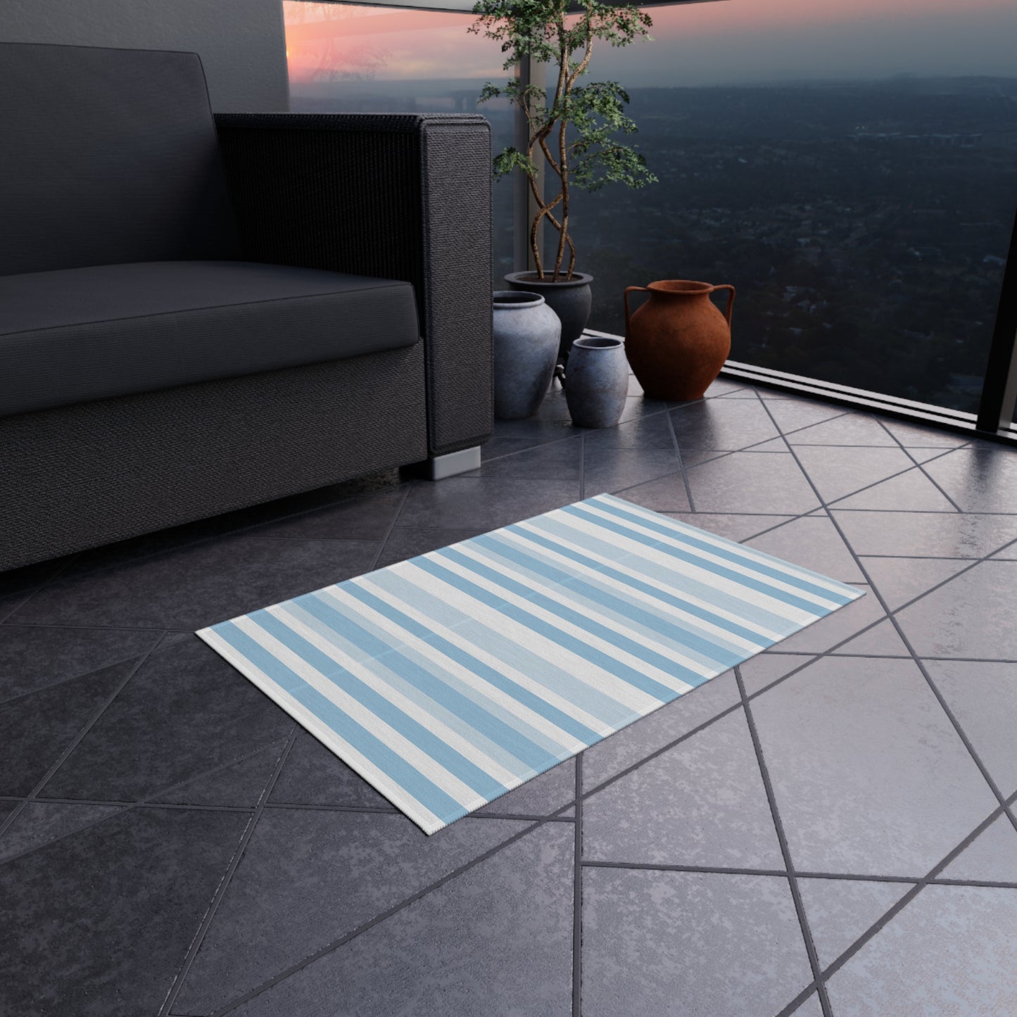 Blue and white striped outdoor rug — soft polyester chenille with a non-slip backing