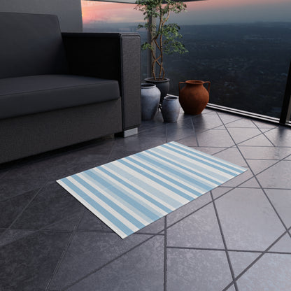 Blue and white striped outdoor rug — soft polyester chenille with a non-slip backing
