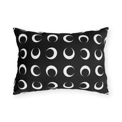 Black crescent moon lumbar outdoor pillow — spun polyester, UV and water resistant