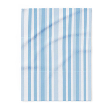 Blue and white striped outdoor fleece blanket — 315 gsm polyester fleece, soft on both sides