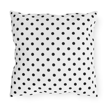 Black and white polka dot outdoor pillow — spun polyester, UV and water resistant