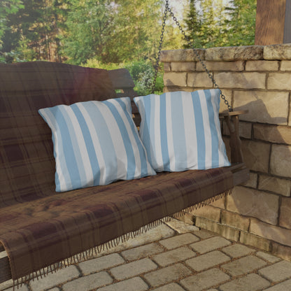 Blue and white striped outdoor pillow — spun polyester, UV and water resistant