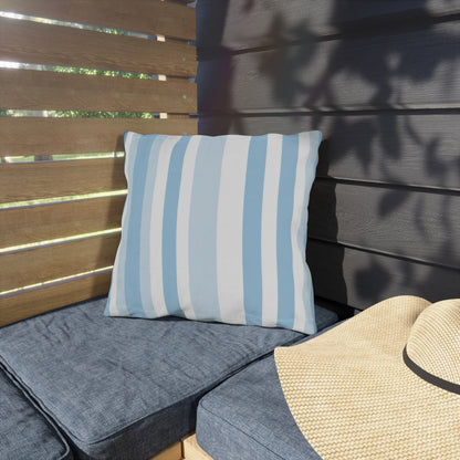Blue and white striped outdoor pillow — spun polyester, UV and water resistant
