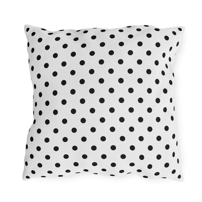 Black and white polka dot outdoor pillow — spun polyester, UV and water resistant