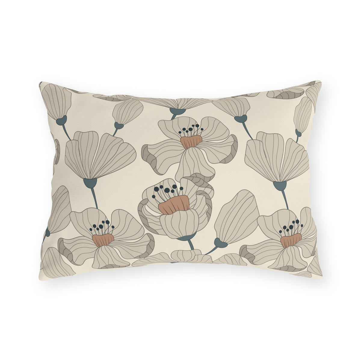 Taupe poppy lumbar outdoor pillow — spun polyester, UV and water resistant