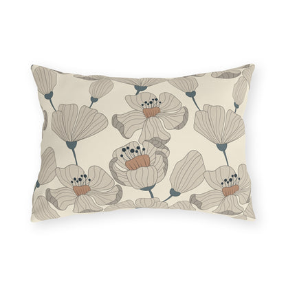 Taupe poppy lumbar outdoor pillow — spun polyester, UV and water resistant