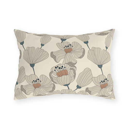 Taupe poppy lumbar outdoor pillow — spun polyester, UV and water resistant