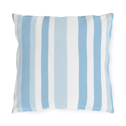 Blue and white striped outdoor pillow — spun polyester, UV and water resistant