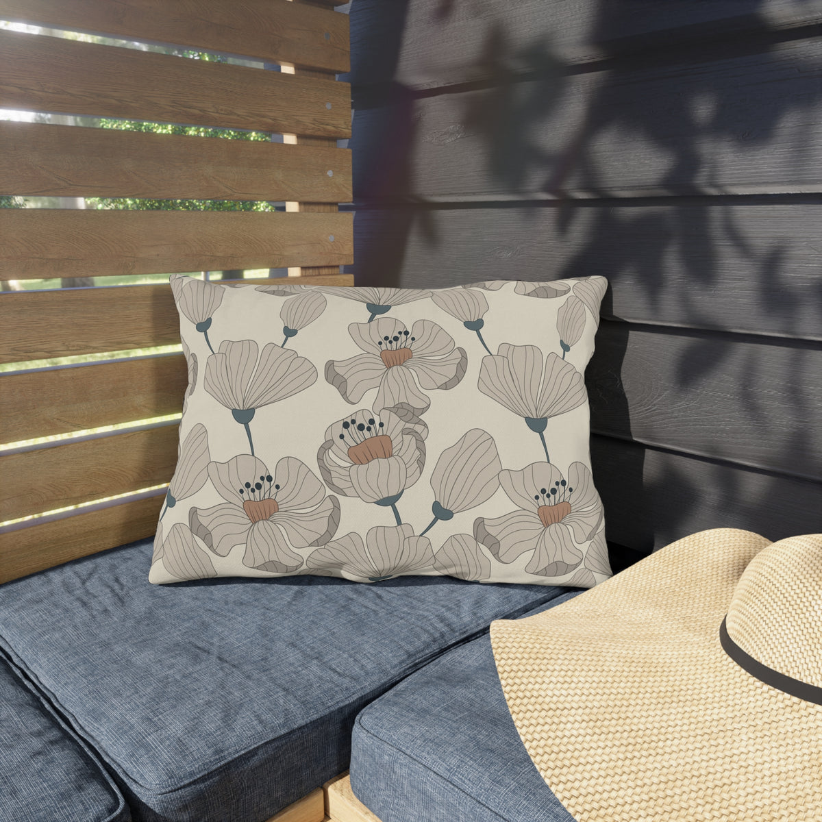 Taupe poppy lumbar outdoor pillow — spun polyester, UV and water resistant