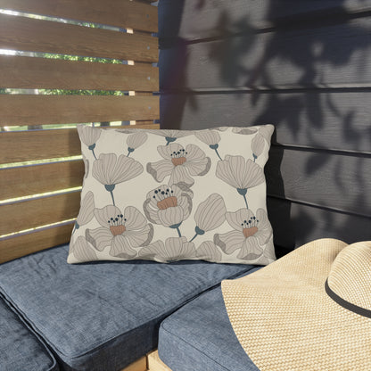 Taupe poppy lumbar outdoor pillow — spun polyester, UV and water resistant