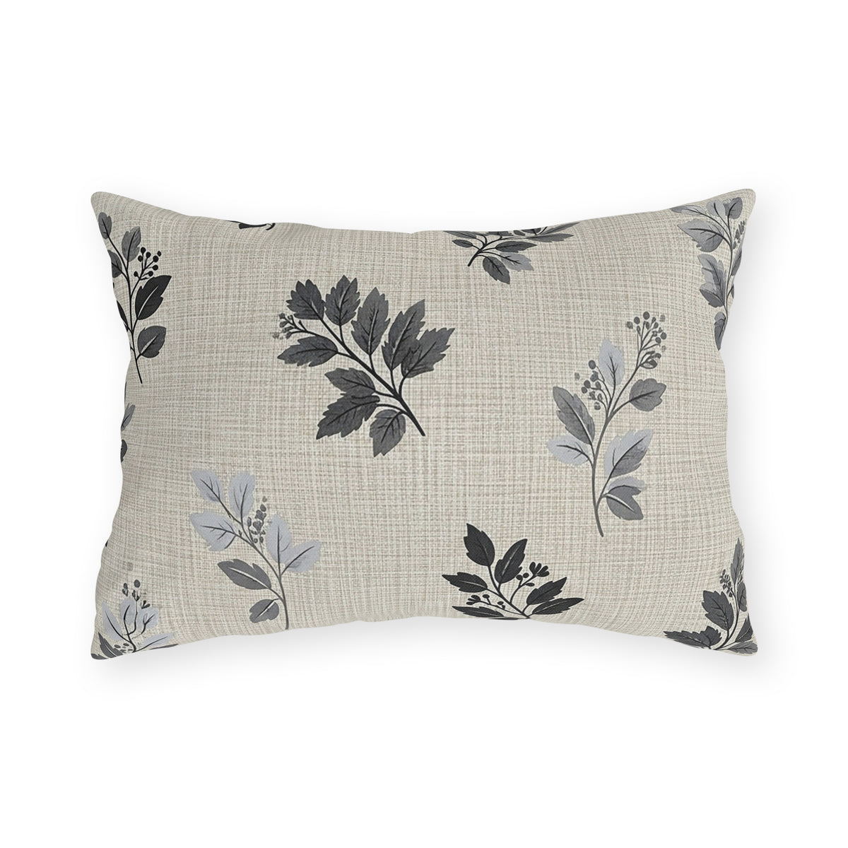 Charcoal leaf sprig lumbar outdoor pillow — spun polyester, UV and water resistant