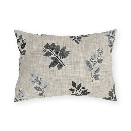 Charcoal leaf sprig lumbar outdoor pillow — spun polyester, UV and water resistant