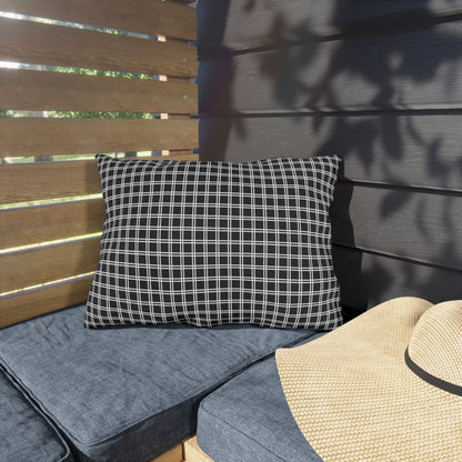 Black and white checkered outdoor pillow — spun polyester, UV and water resistant