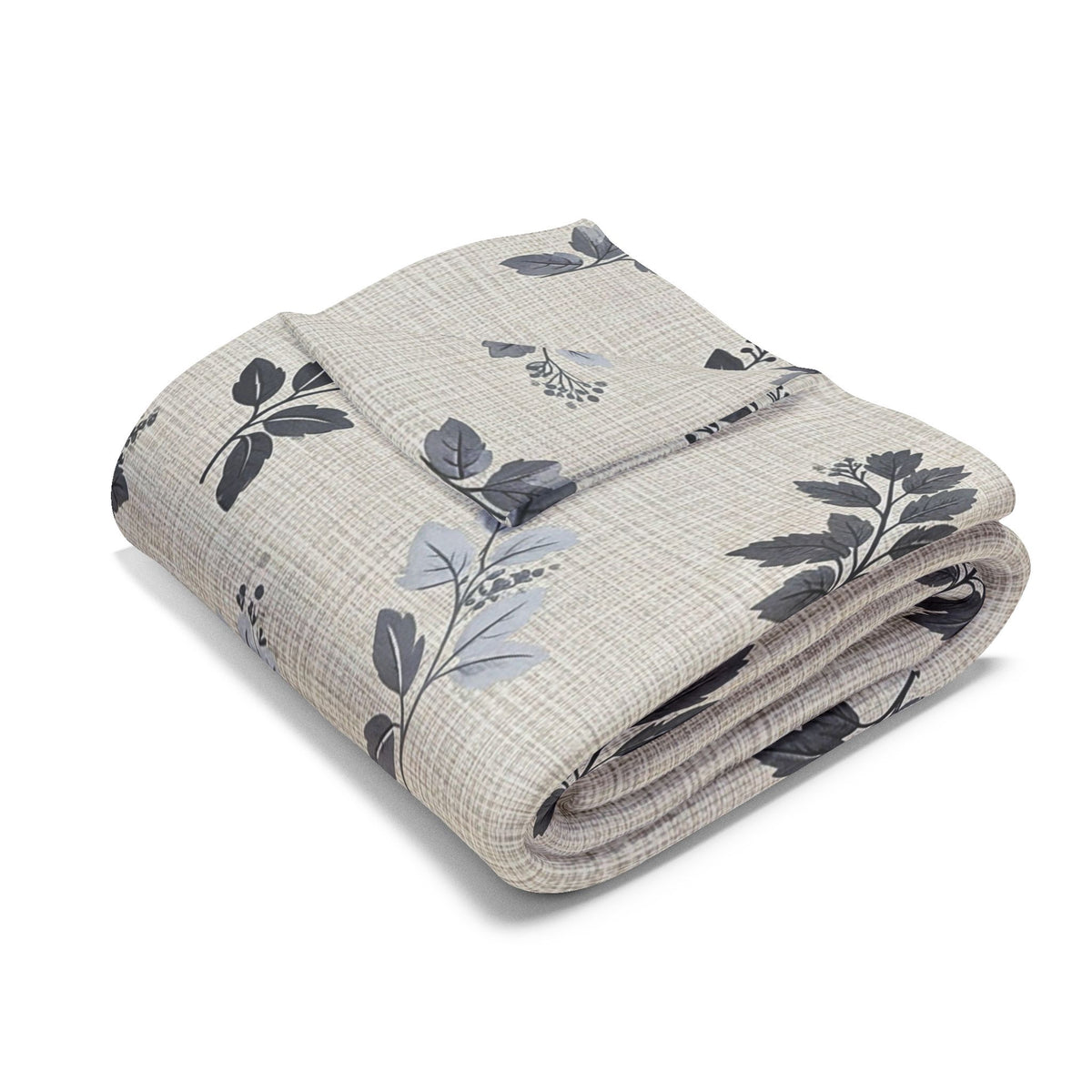 Charcoal leaf sprig outdoor fleece blanket — 315 gsm polyester fleece, soft on both sides