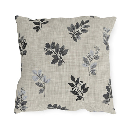 Charcoal leaf sprig outdoor pillow — spun polyester, UV and water resistant