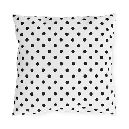 Black and white polka dot outdoor pillow — spun polyester, UV and water resistant