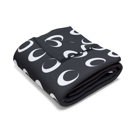 Black crescent moon outdoor fleece blanket — 315 gsm polyester fleece, soft on both sides