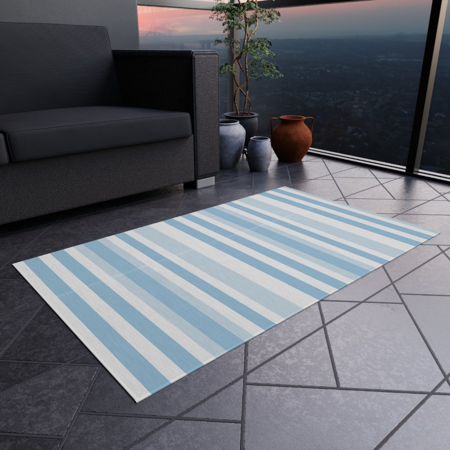 Blue and white striped outdoor rug — soft polyester chenille with a non-slip backing