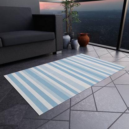 Blue and white striped outdoor rug — soft polyester chenille with a non-slip backing