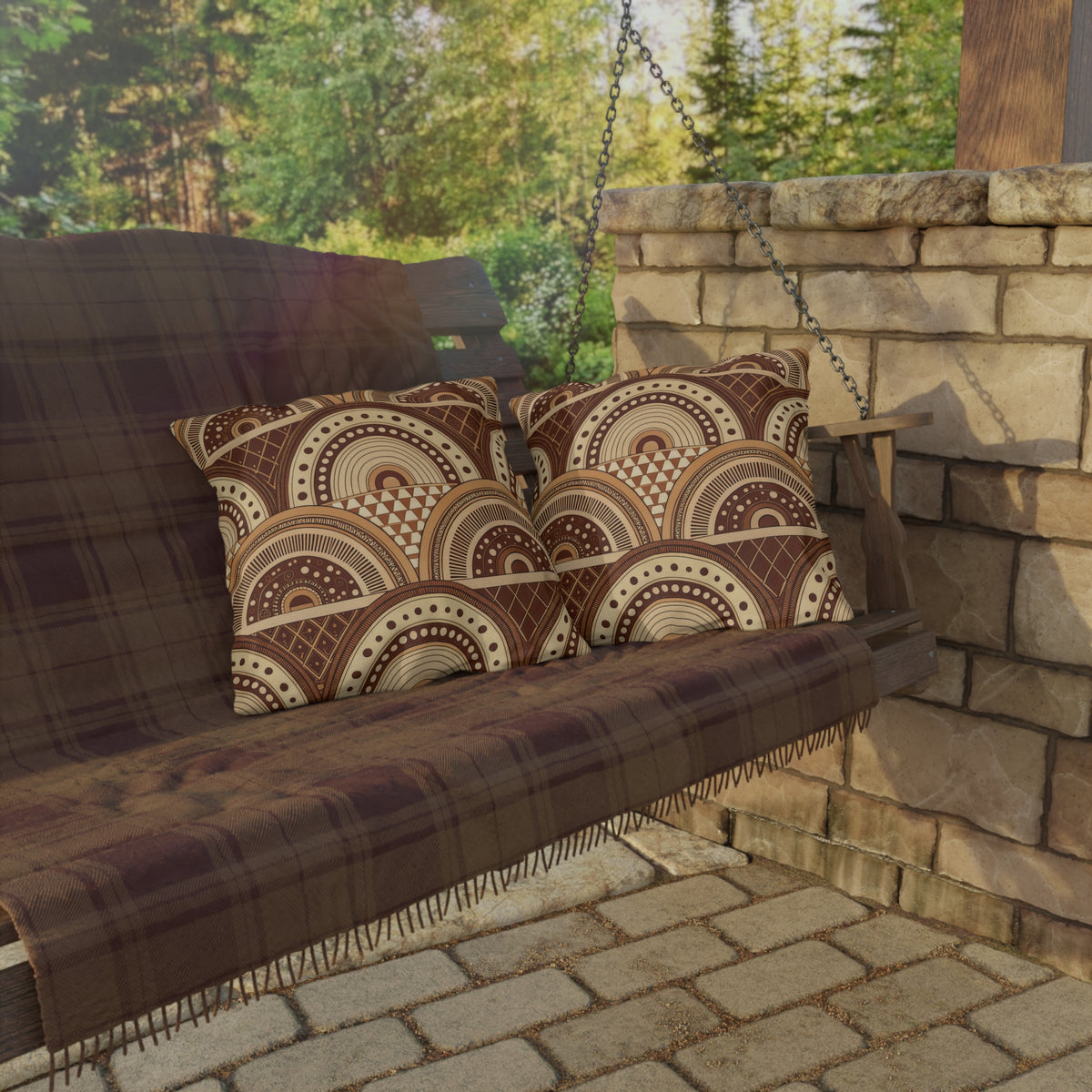 Clay boho arch outdoor pillow — spun polyester, UV and water resistant
