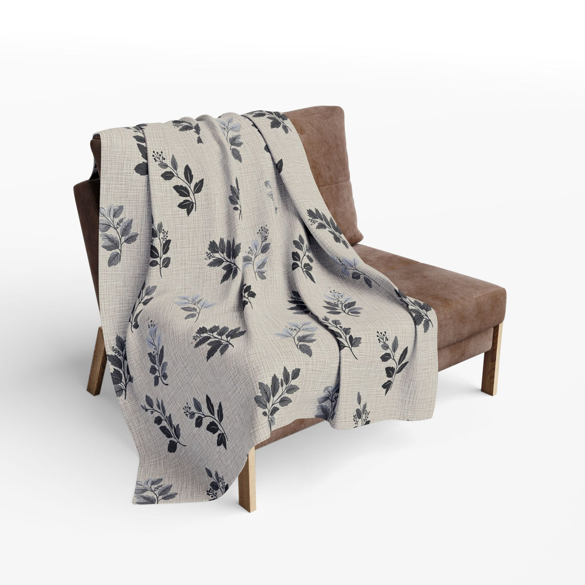 Charcoal leaf sprig outdoor fleece blanket — 315 gsm polyester fleece, soft on both sides