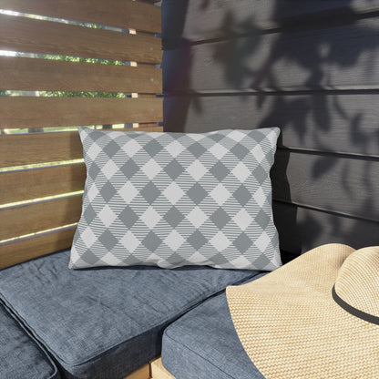 Grey Diagonal Gingham Lumbar Outdoor Pillow