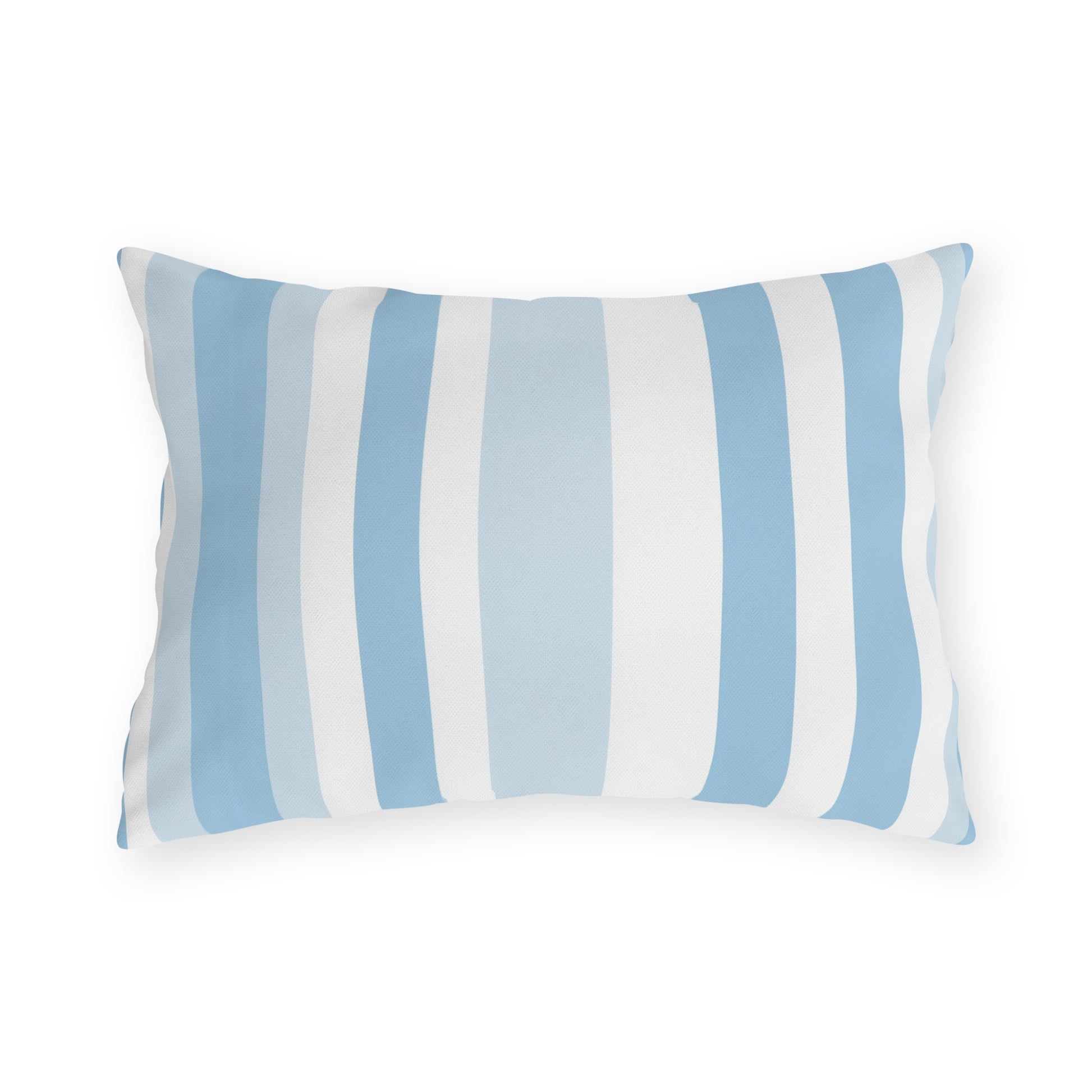 Blue and white striped outdoor pillow — spun polyester, UV and water resistant