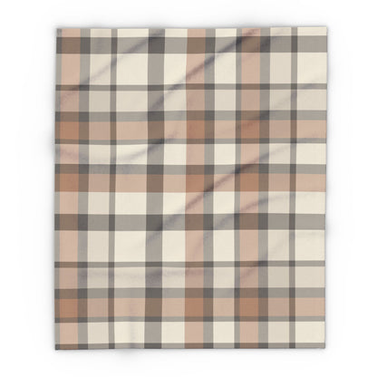 Taupe plaid outdoor fleece blanket — 315 gsm polyester fleece, soft on both sides