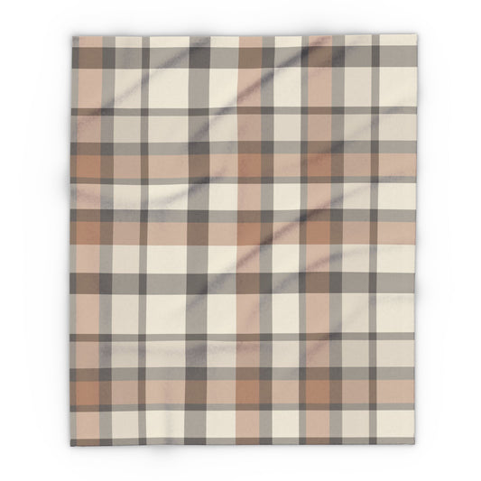 Taupe plaid outdoor fleece blanket — 315 gsm polyester fleece, soft on both sides