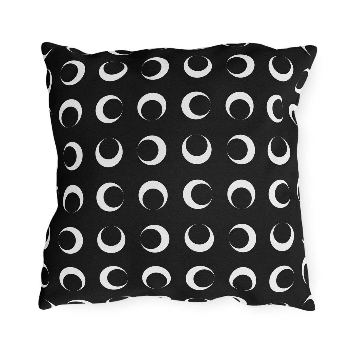 Black crescent moon outdoor pillow — spun polyester, UV and water resistant