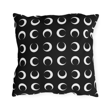 Black crescent moon outdoor pillow — spun polyester, UV and water resistant