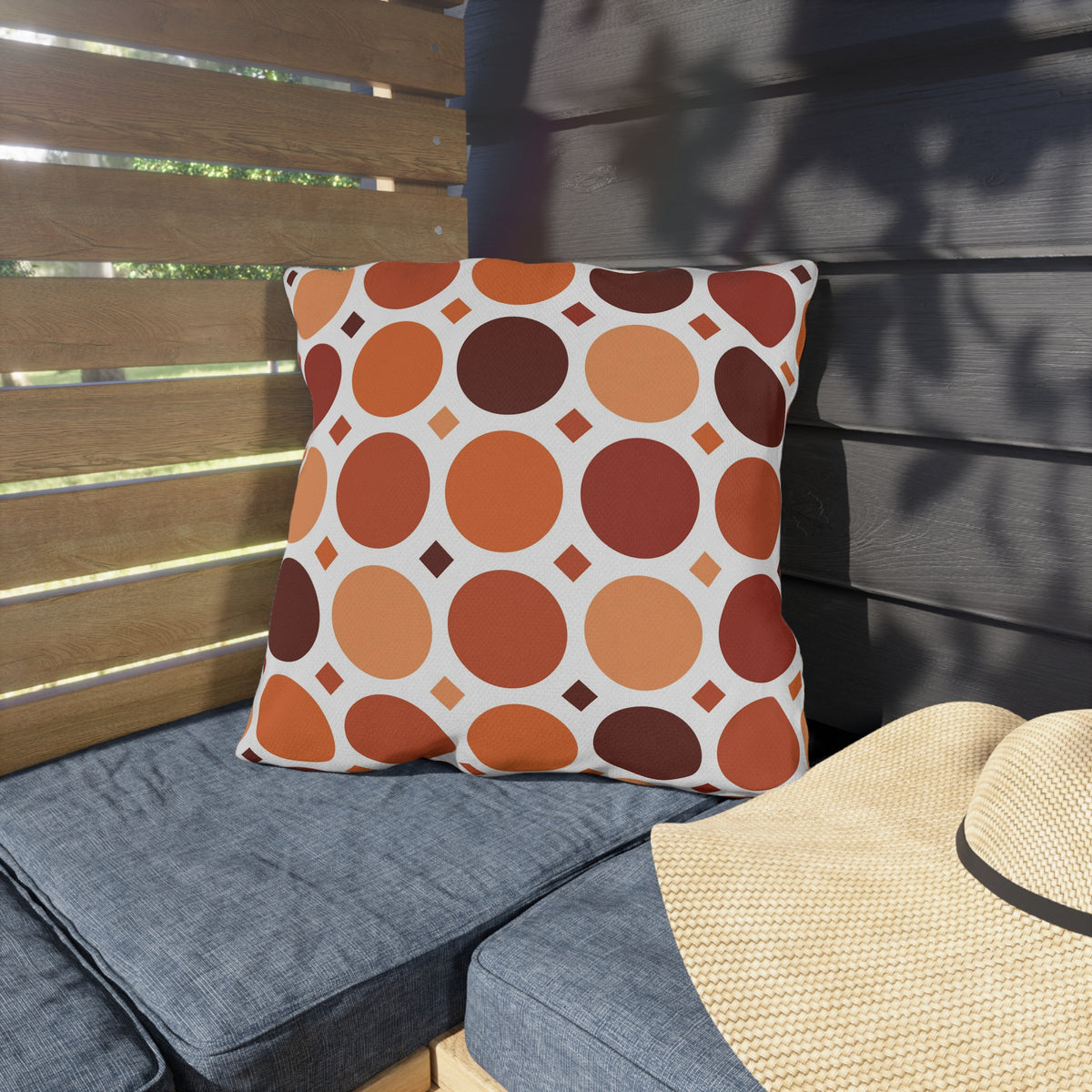 Terracotta dot grid outdoor pillow — spun polyester, UV and water resistant