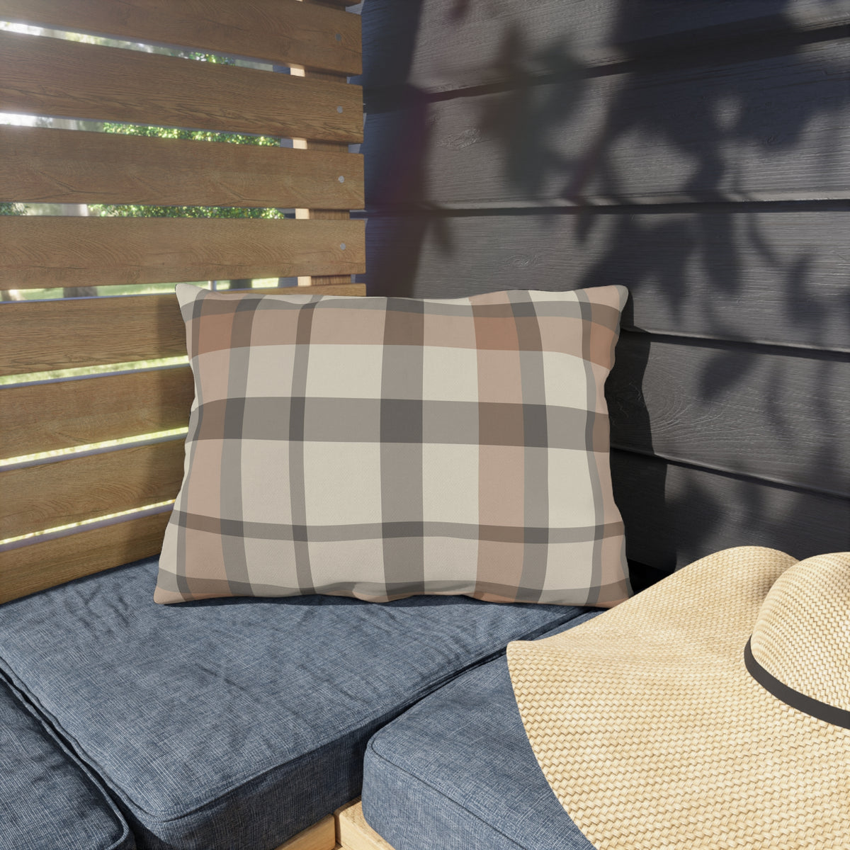 Taupe plaid lumbar outdoor pillow — spun polyester, UV and water resistant